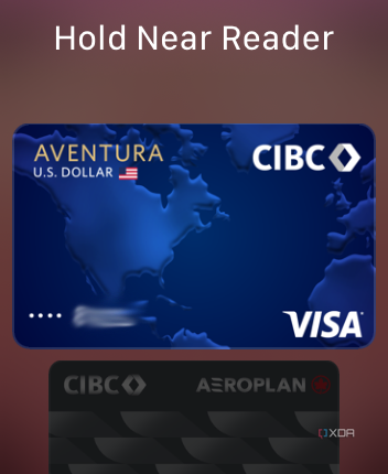 Apple Wallet app on Apple Watch showing two credit cards and hold near reader at the top.