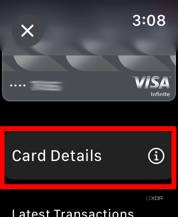 Apple Wallet app on Apple Watch with Card Details selected.