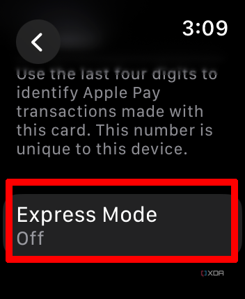 Apple Wallet app on Apple Watch with Express Mode selected and showing off.