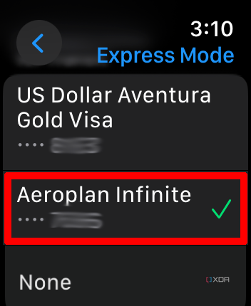 Apple Wallet app on Apple Watch in the Express Mode menu with a specific card selected.