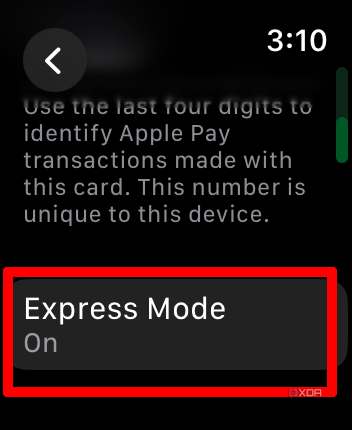 Apple Wallet app on Apple Watch with Express Mode selected and showing on.