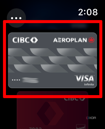 Apple Wallet app on Apple Watch with a card selected.