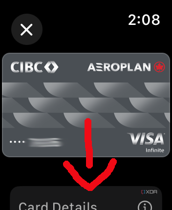 Apple Wallet app on Apple Watch with a card on screen and an arrow pointing down.