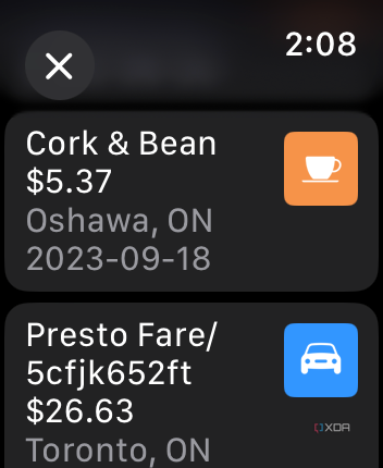 Apple Wallet app on Apple Watch showing recent transactions.