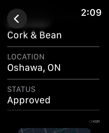 Apple Wallet app on Apple Watch showing a transaction with the location and status.