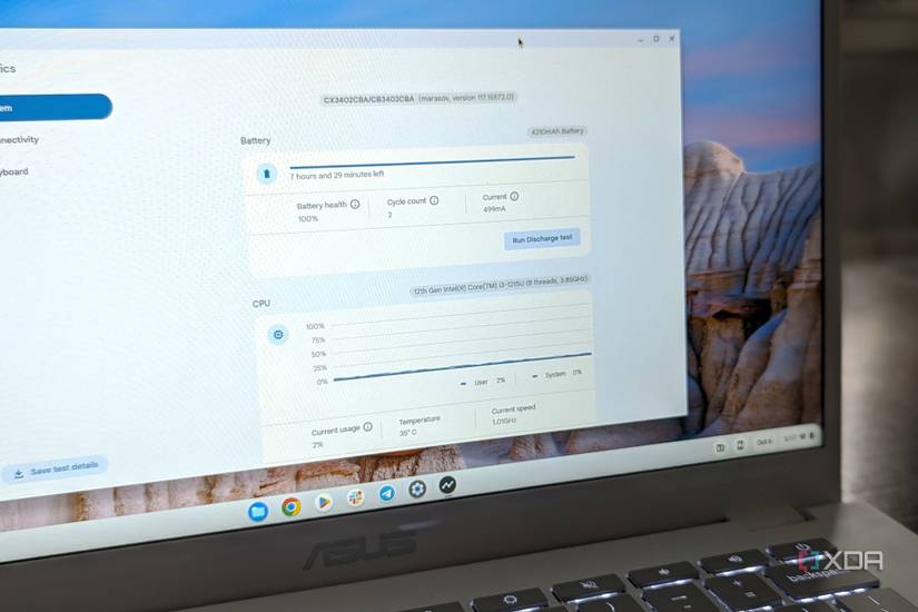The Chromebook Diagnostics app listing a CPU for the Asus Chromeboko Plus CX34
