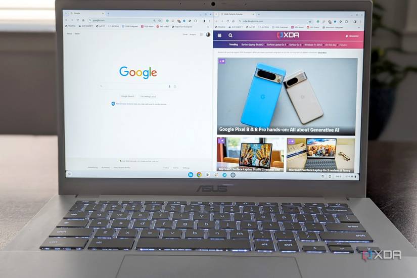 Two Google Chrome windows open on the Asus Chromebook Plus CX34 display