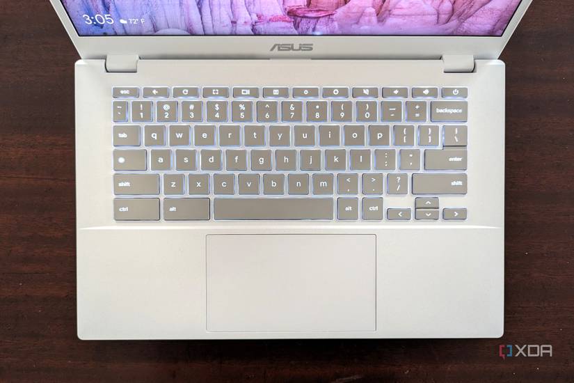 The backlit keyboard and large trackpad on the Asus Chromebook Plus CX34