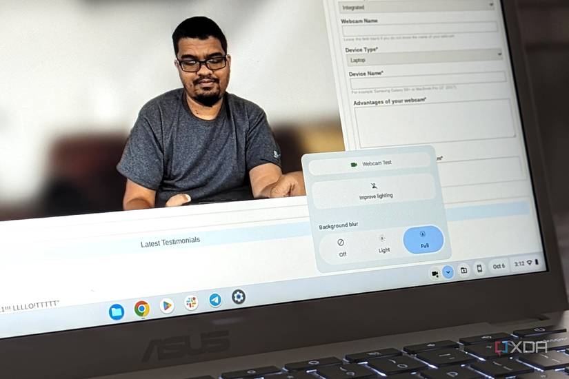 The AI webcam features on a Asus Chromebook Plus showing background blur