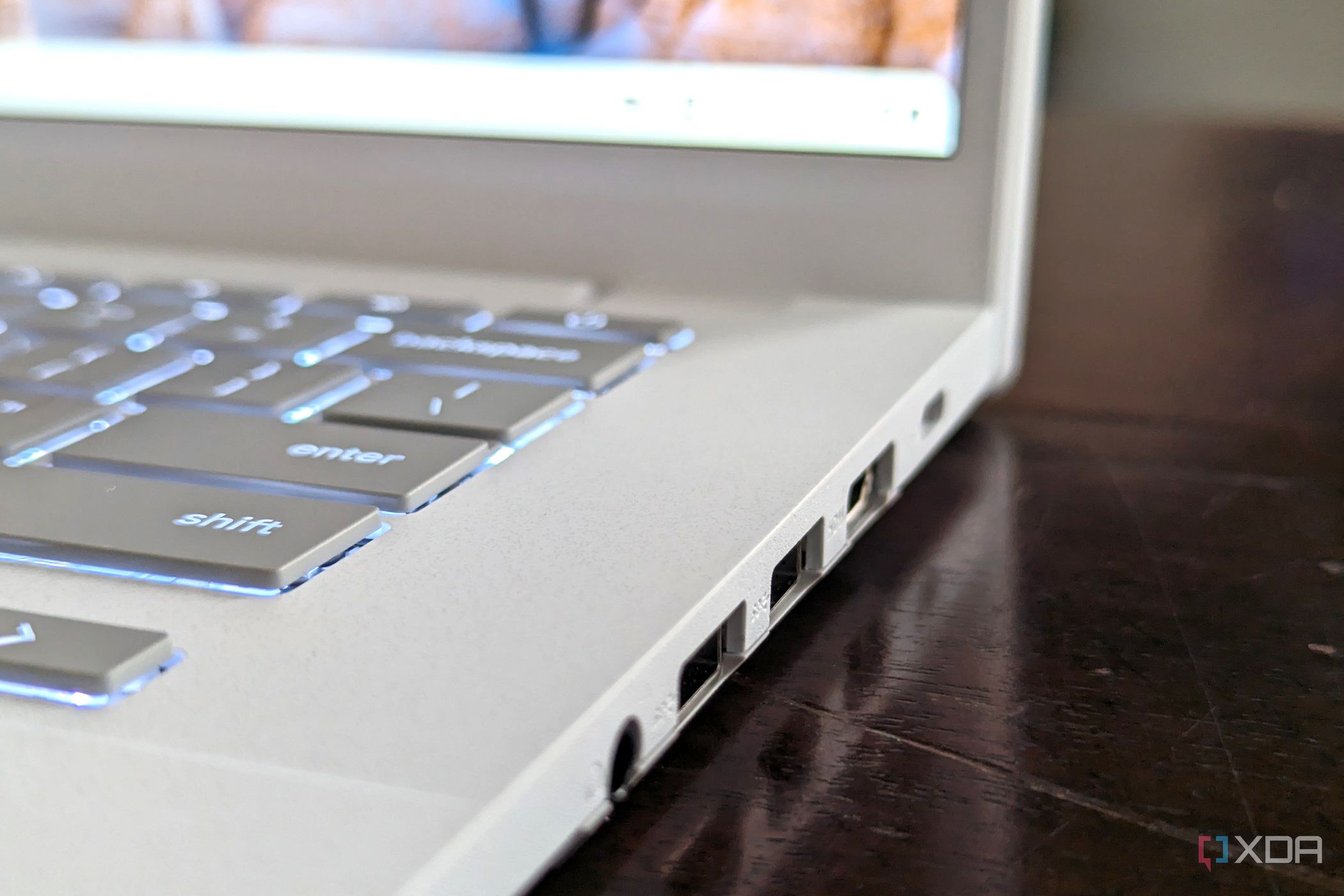 The USB-A, USB-C, headphone jack, and HDMI ports on the Asus Chromebook Plus CX34