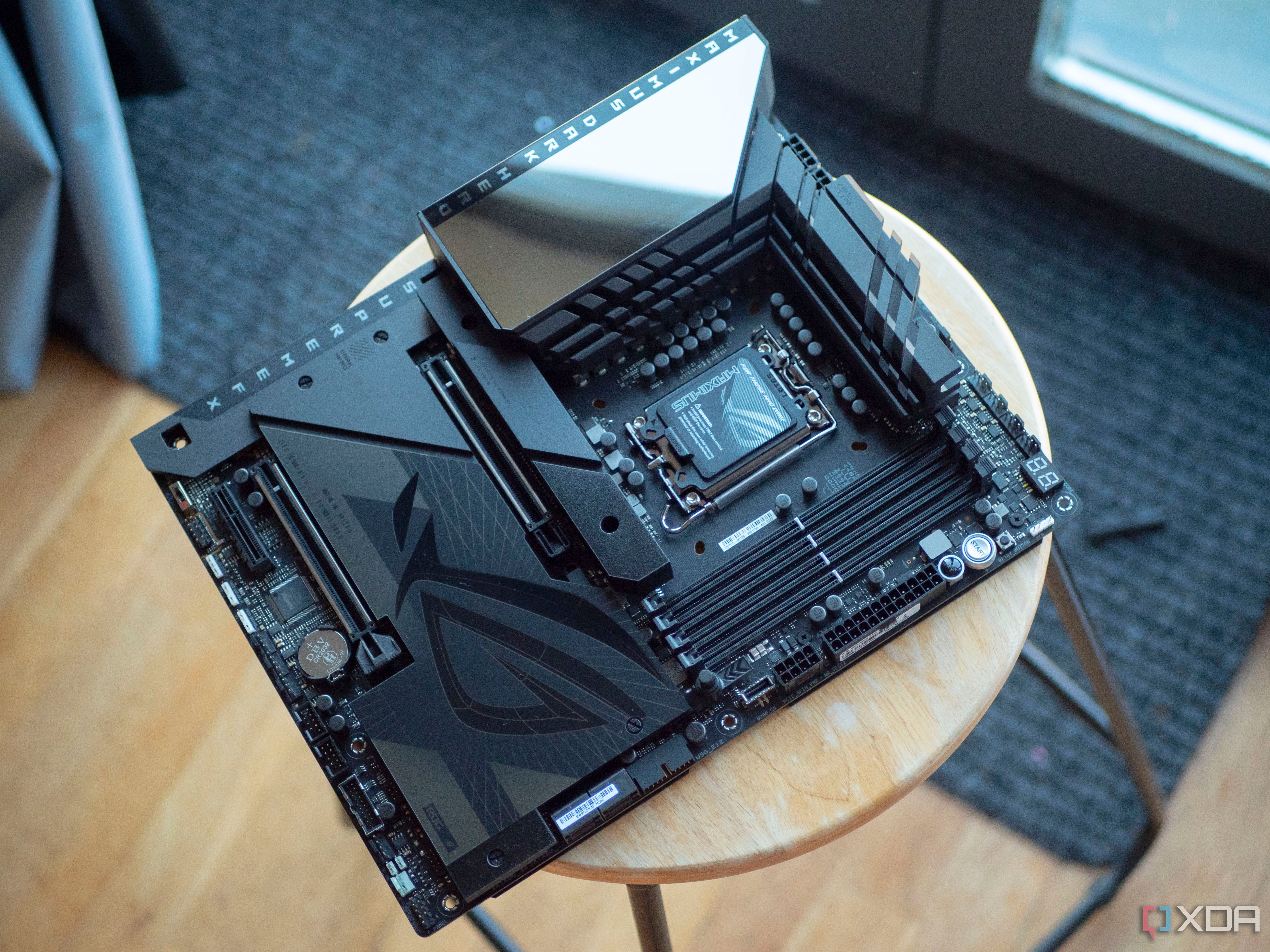 Asus ROG Maximus Z790 Dark Hero on a table showing all of the ports 