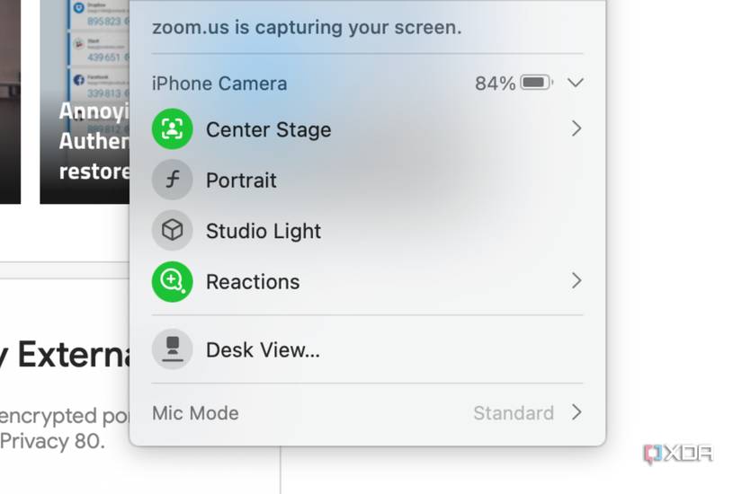 The video effects menu in macOS Sonoma.