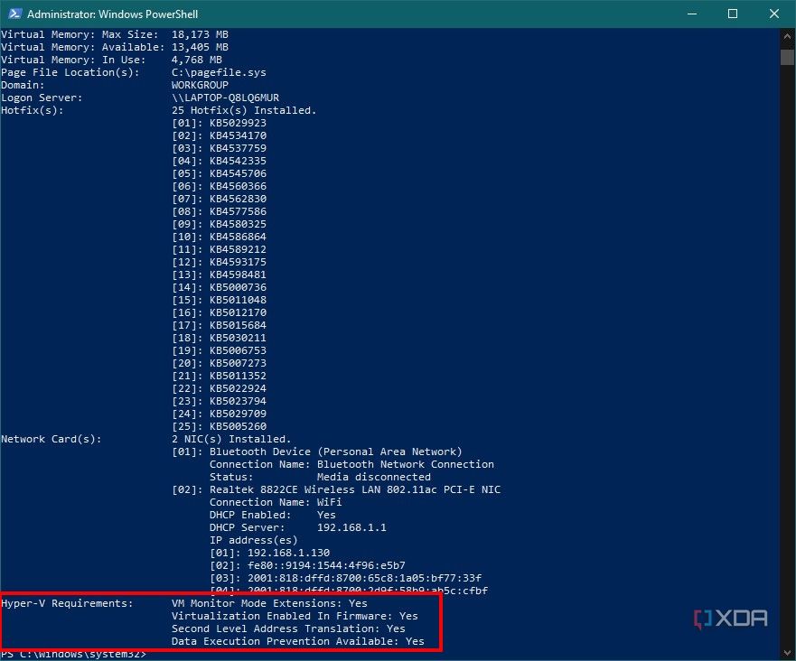 Screenshot of Windows PowerShell showing that the computer supports the necessary features for Hyper-V
