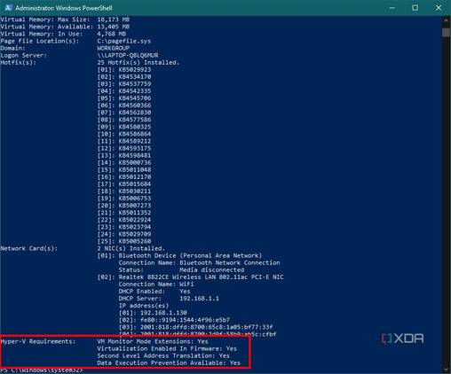 Screenshot of Windows PowerShell showing that the computer supports the necessary features for Hyper-V