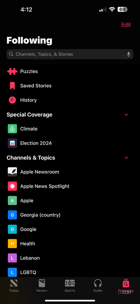 Apple News following tab listing followed topics, history section, puzzles section, and saved stories