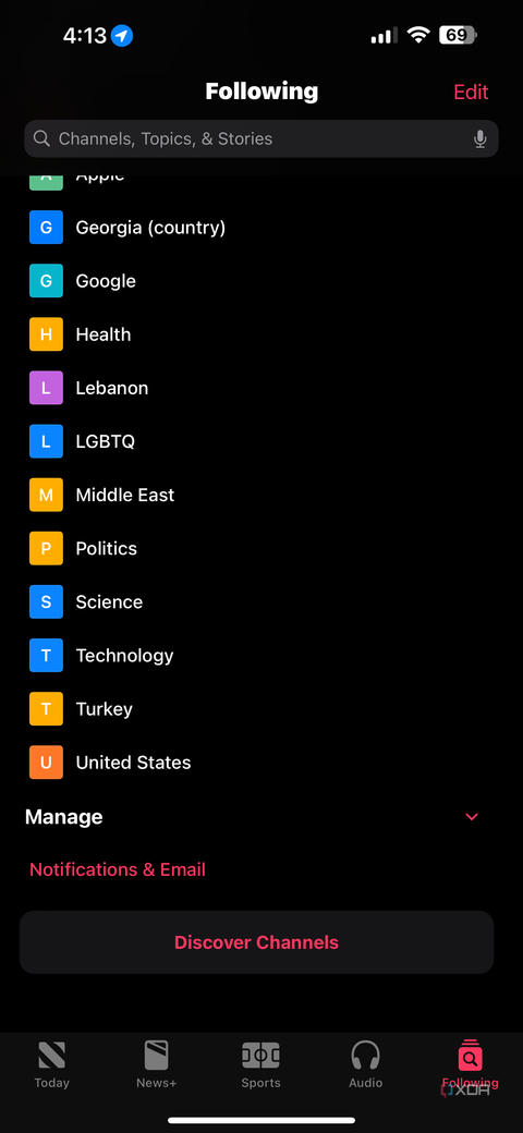 discover channels button at the bottom of following tab on apple news app