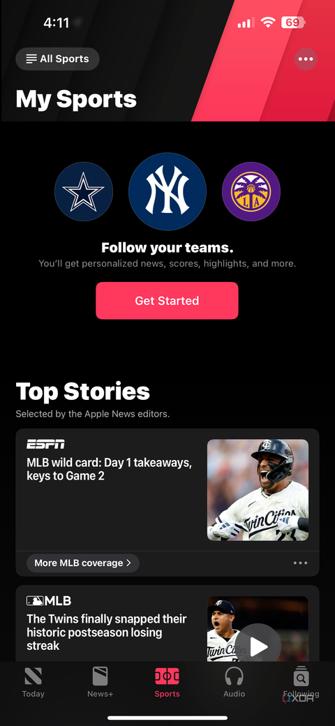 my sports tab in Apple News showing top stories