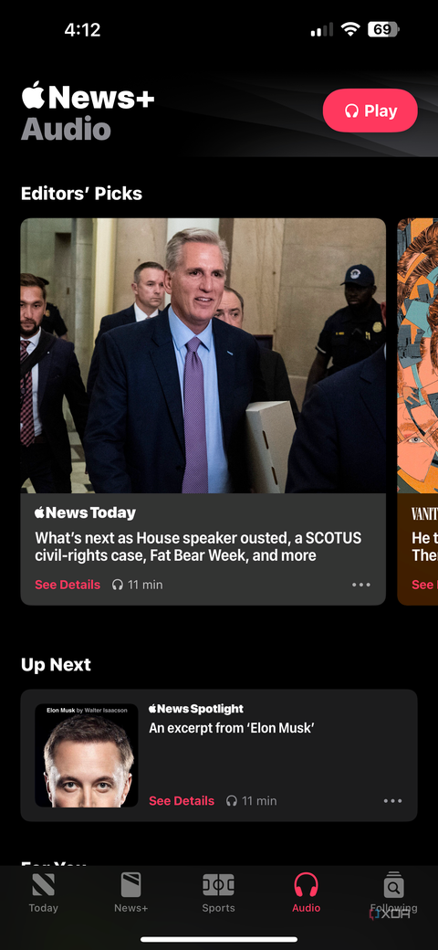 Apple News audio tab showing editors picks