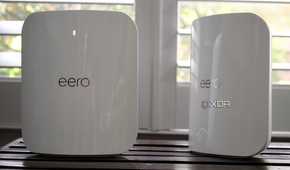 Eero Max 7 review two routers, one at an angle