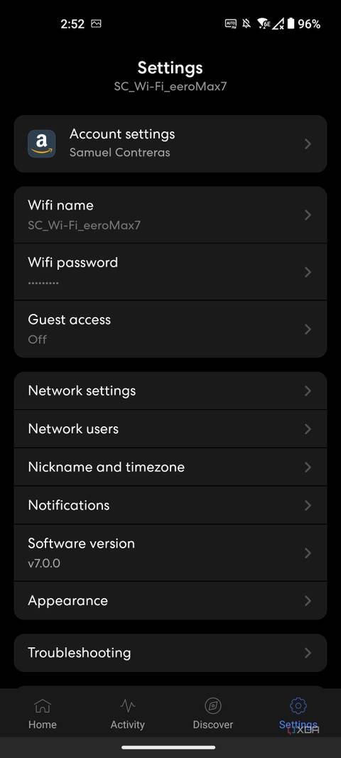 Eero Max 7: primary settings page