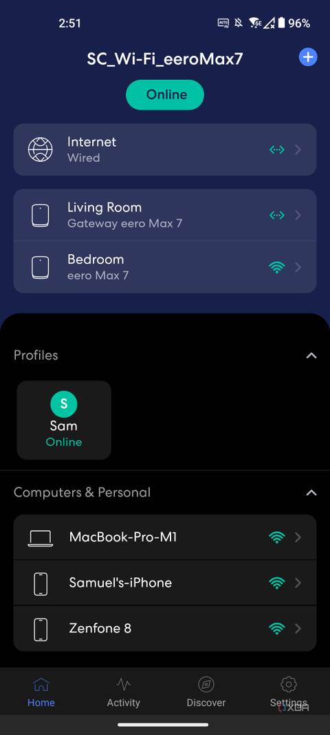 Eero Max 7: Home screen showing eeros, profiles, and devices