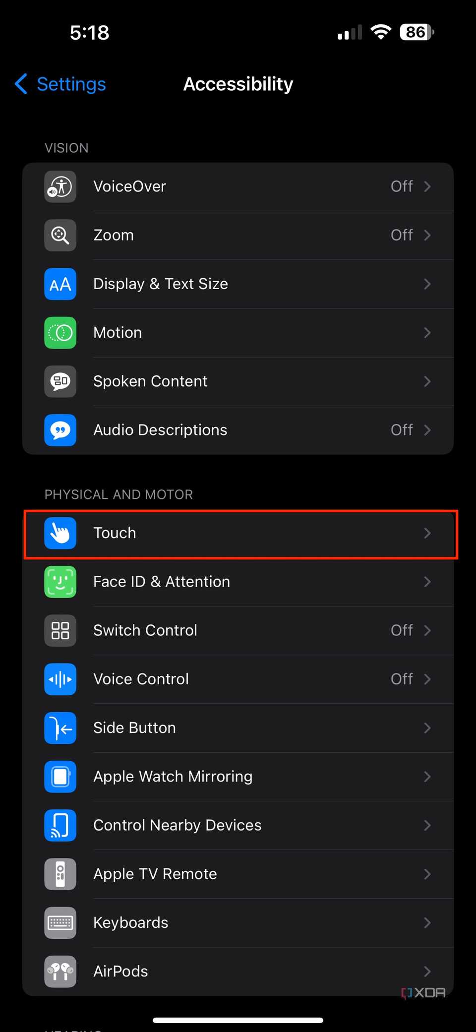 touch accessibility settings