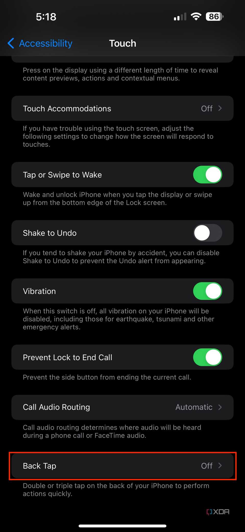 back tap settings on iOS