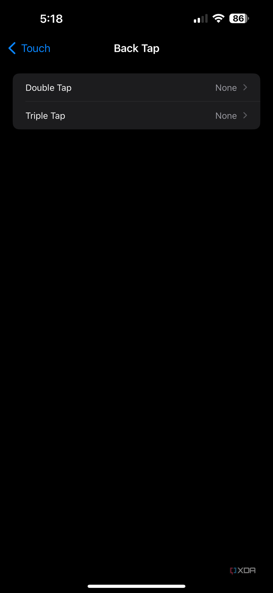 back tap section in settings