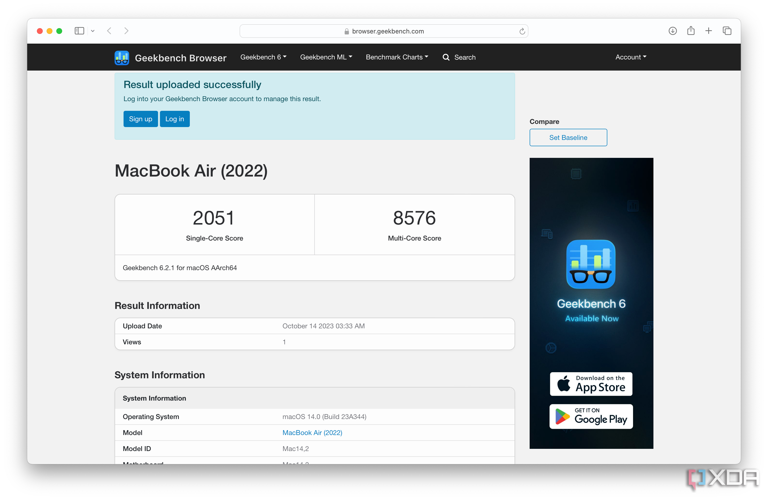Geekbench 6 benchmark while running Rise of the Tomb Raider with Game Mode off.