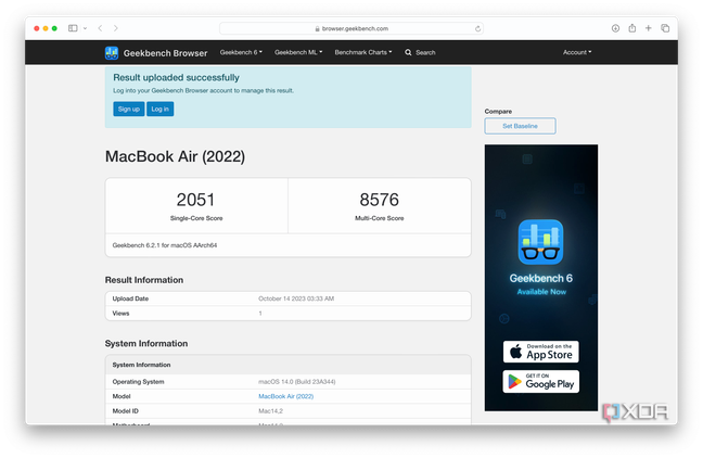 Geekbench 6 benchmark while running Rise of the Tomb Raider with Game Mode off.