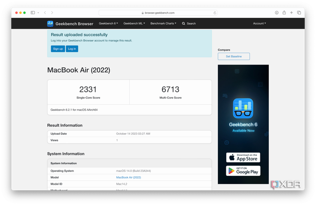 Geekbench 6 scores from an M2 MacBook Air while running Rise of the Tomb Raider with Game Mode enabled.