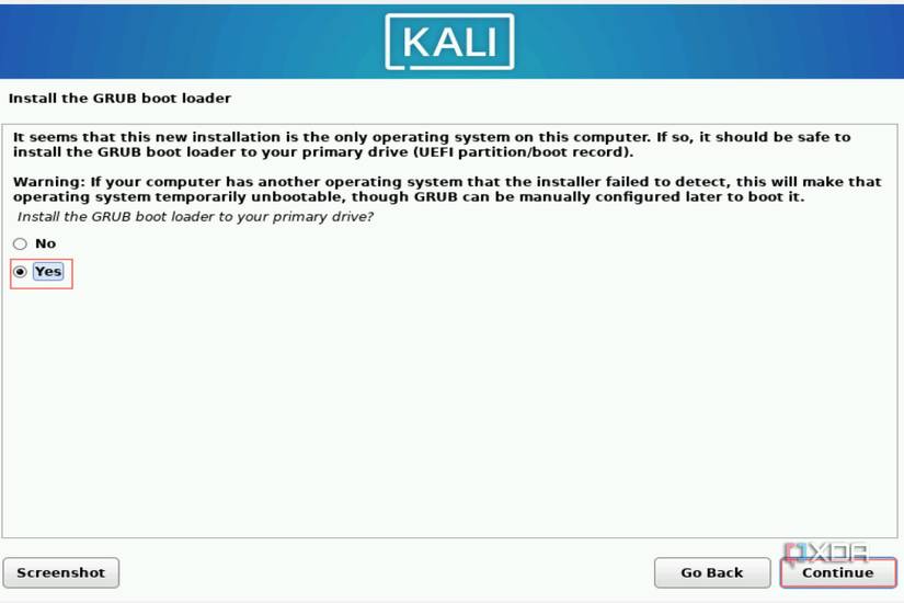 Press Yes when prompted to install the GRUB boot loader