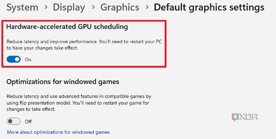 A screenshot showing the hardware accelerated GPU scheduling option in Windows 11.