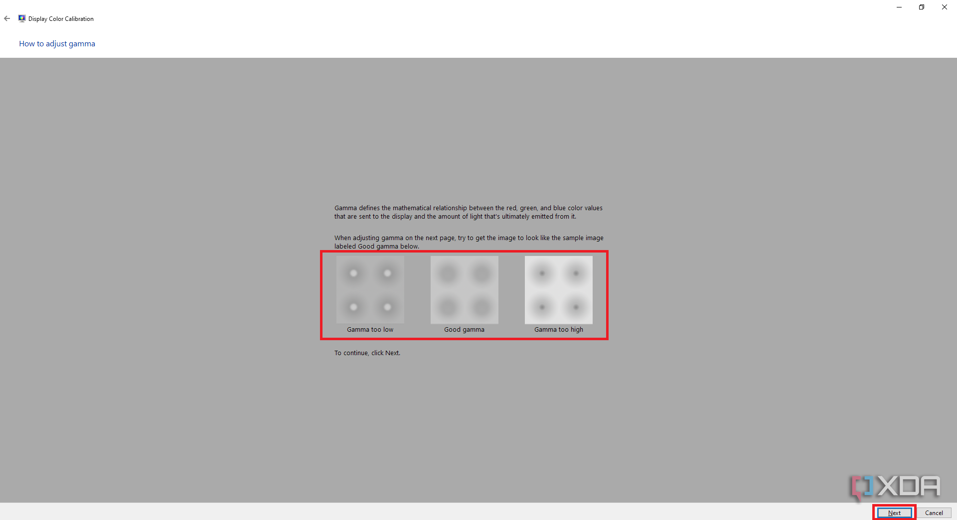 Windows Color Calibration tool with sample images for the correct and wrong Gamma settings