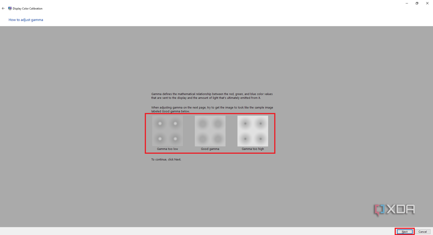 Windows Color Calibration tool with sample images for the correct and wrong Gamma settings