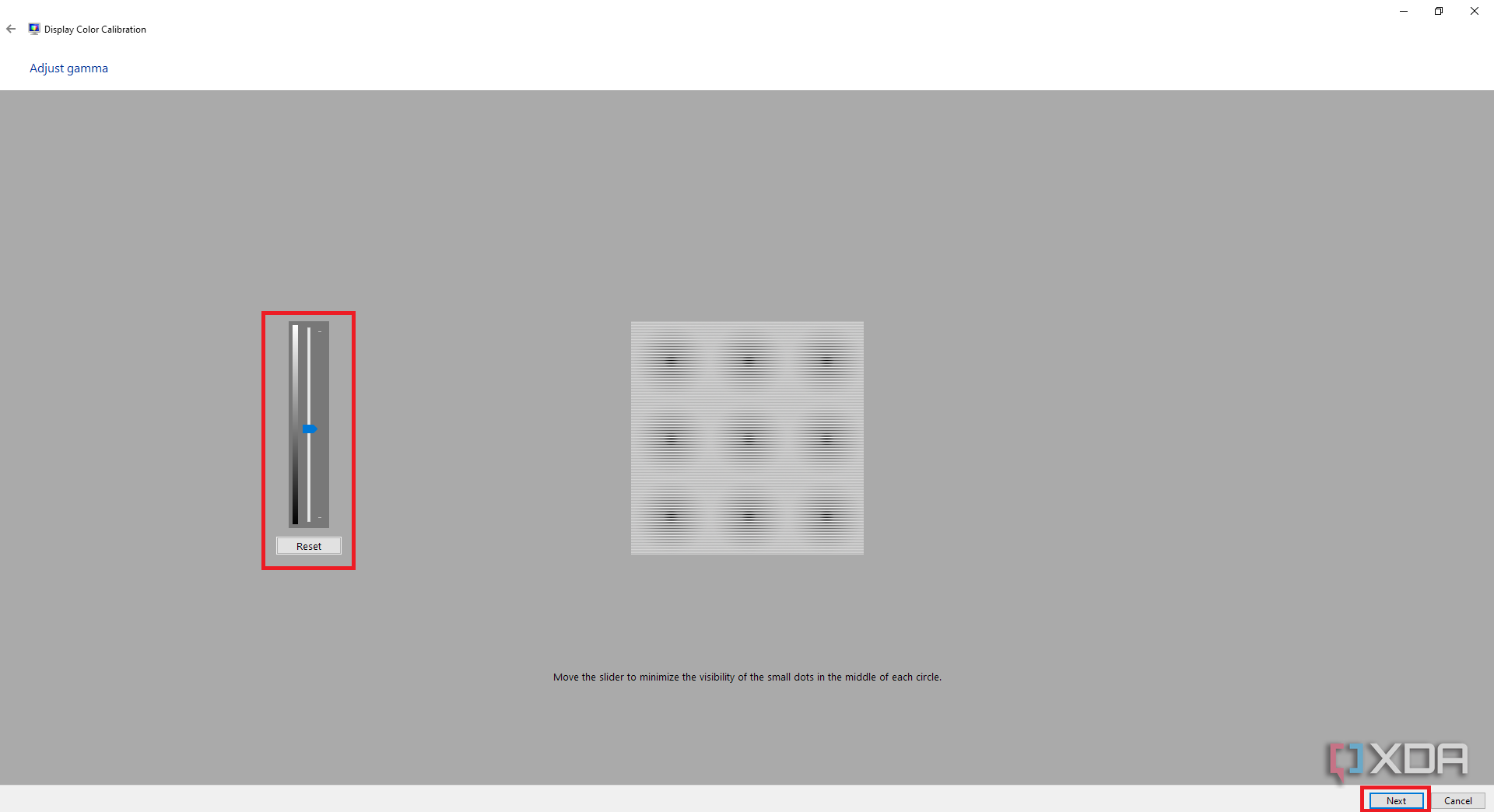 Windows Color Calibration tool with slider for changing gamma and a sample image for comparison