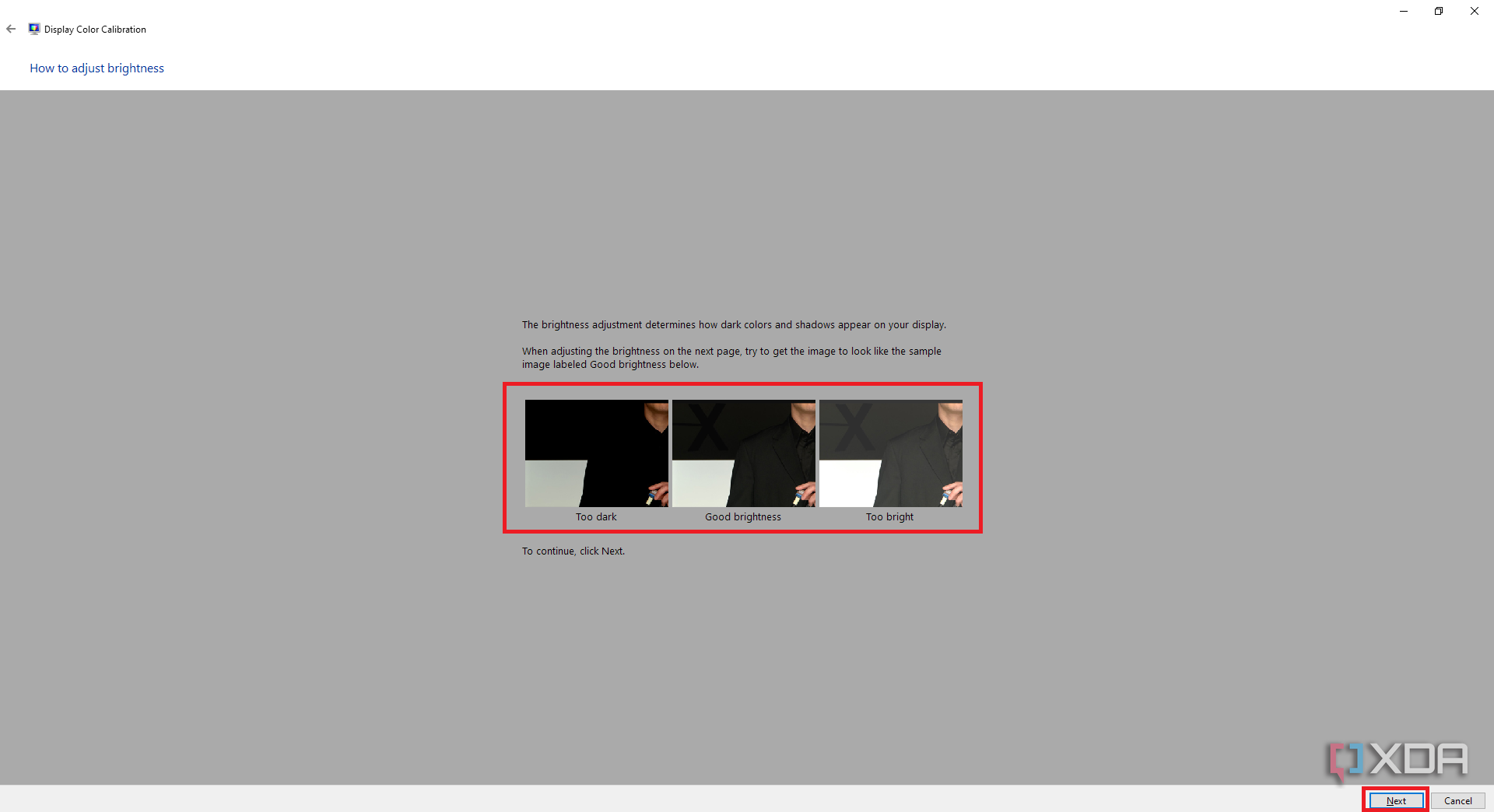 Windows Color Calibration tool with instructions and sample images for brightness section