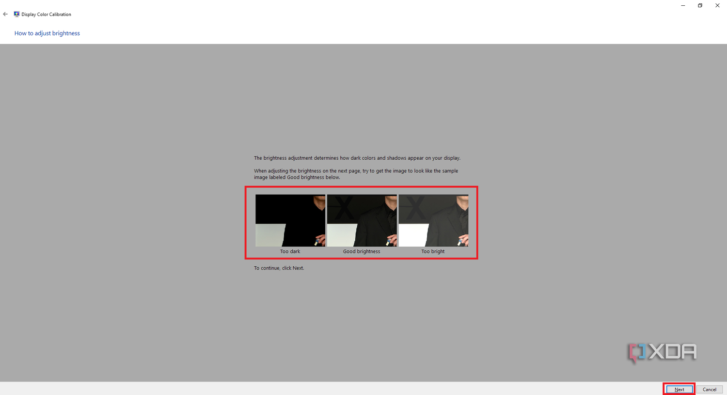 Windows Color Calibration tool with instructions and sample images for brightness section