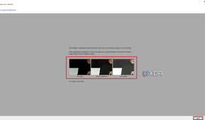 Windows Color Calibration tool with instructions and sample images for brightness section