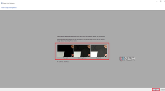 Windows Color Calibration tool with instructions and sample images for brightness section