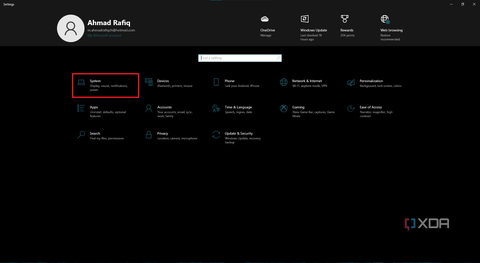 windows settings main menu with system button highlighted