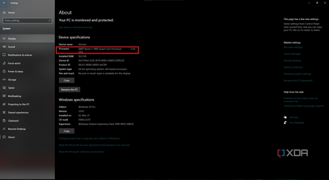 about section of windows settings with processor name highlighted