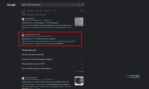 search results for ryzen 5 1400 specifications with official amd website highlighted