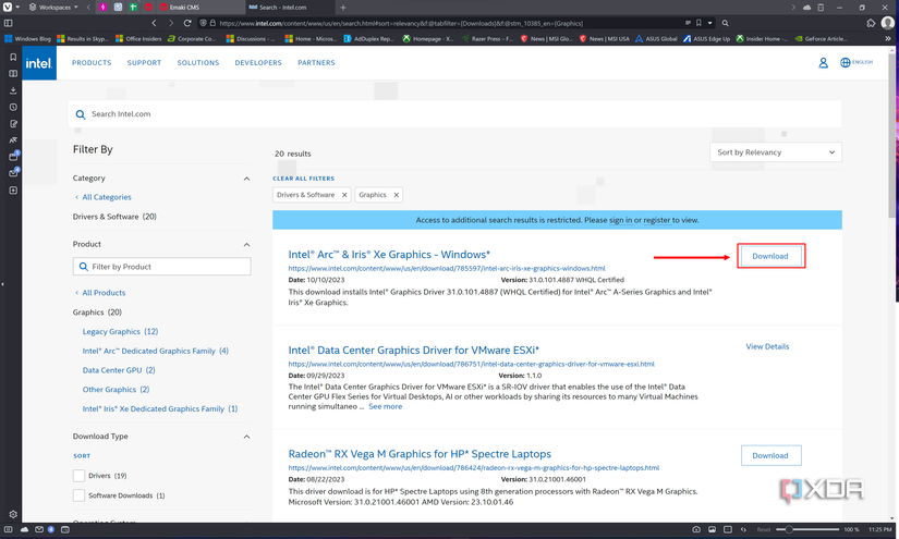 Screenshot of Intel's driver download center with the Download button highlighted for the latest Intel Arc and Iris Xe graphics driver