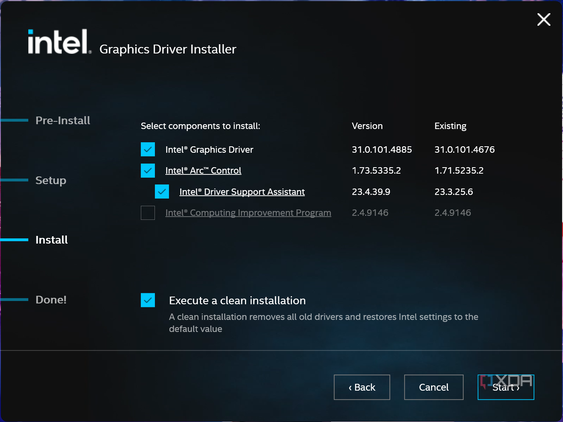 Screenshot of Intel graphics driver installer showing multiple components to be selected or deselected for the installation