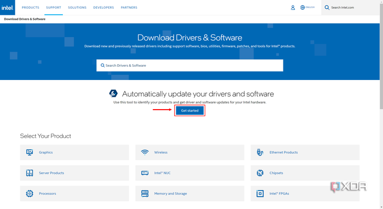 Screenshot of Intel's driver download website with the Get Started laptop
