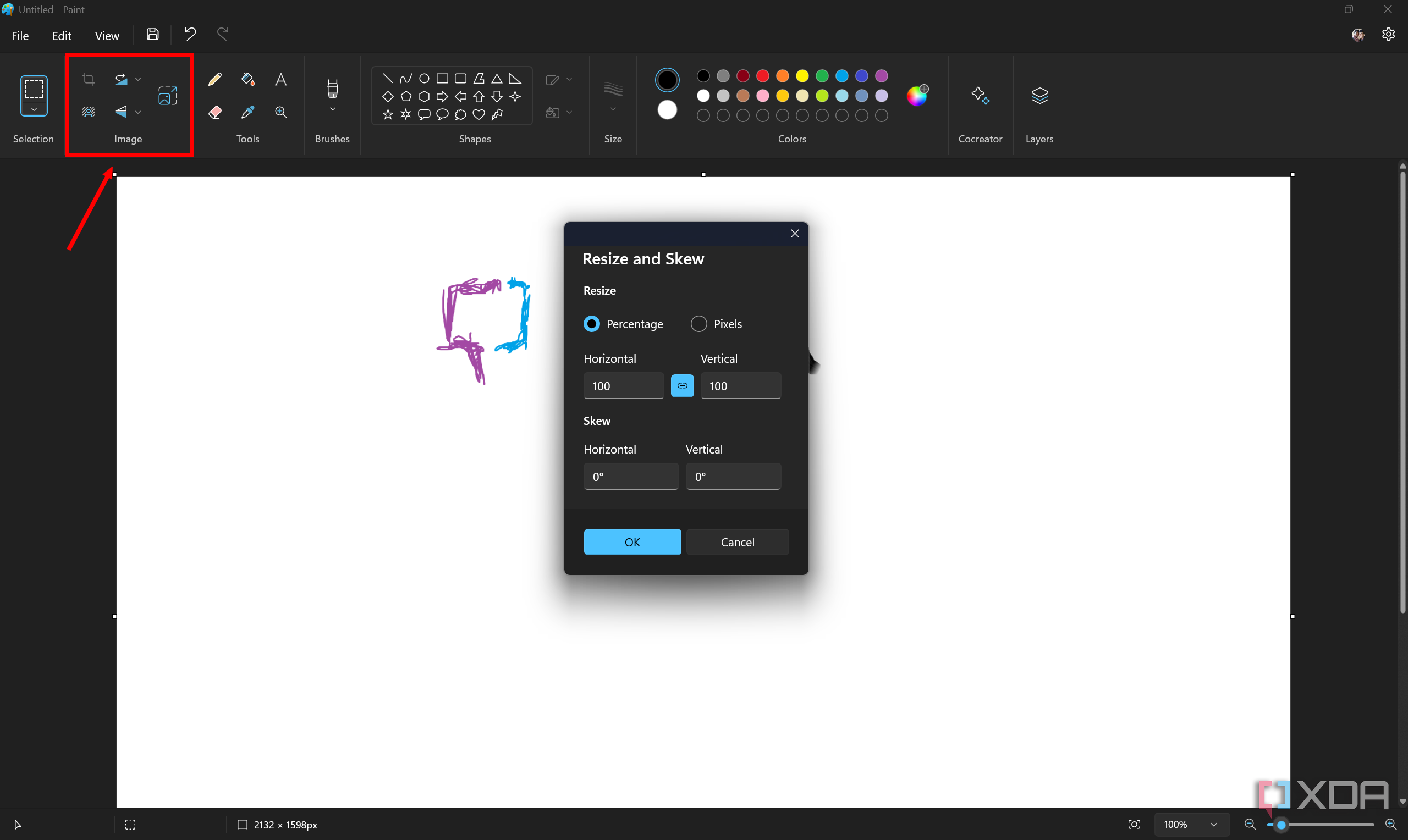 Screenshot of Paint in Windows 11 with the Image tools section highlighted and the Resize and Skew menu option open