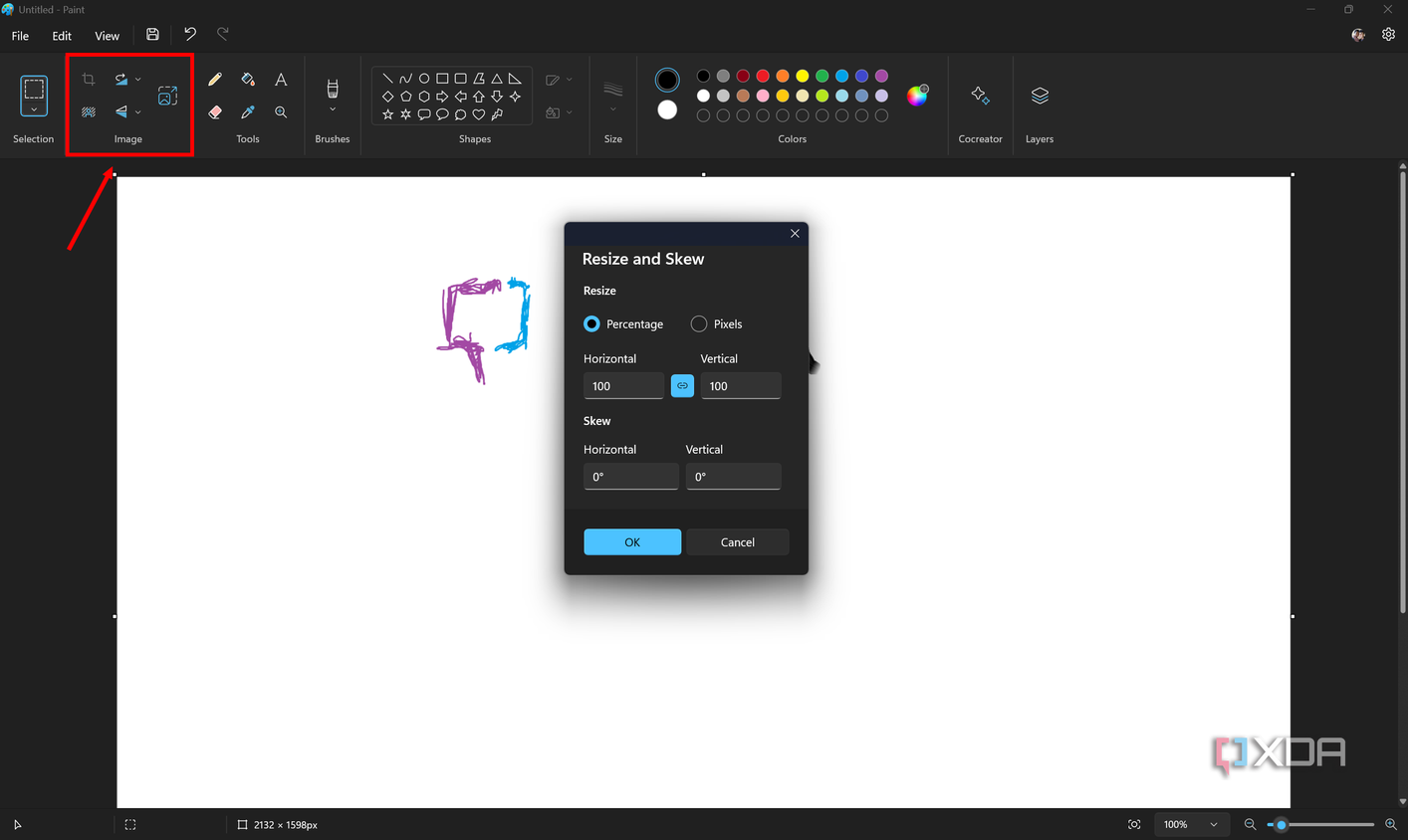 Screenshot of Paint in Windows 11 with the Image tools section highlighted and the Resize and Skew menu option open