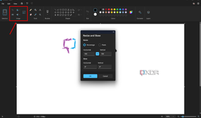 Screenshot of Paint in Windows 11 with the Image tools section highlighted and the Resize and Skew menu option open