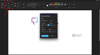 Screenshot of Paint in Windows 11 with the Image tools section highlighted and the Resize and Skew menu option open